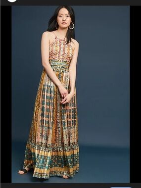 Anthropologie Beaded Bohemian Floral Maxi Dress in Pink & Mustard